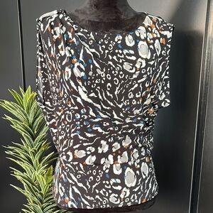 WHBM Boat Neck,soft stretch,lined,waist hemline, pleated right shoulder,pattern